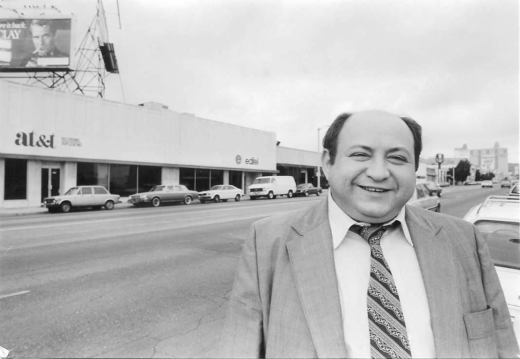 Sam, circa 1979, smiling proudly in front of Editel LA -- the video post-production facility he designed prior to founding his own, Action Video, soon after in 1981.